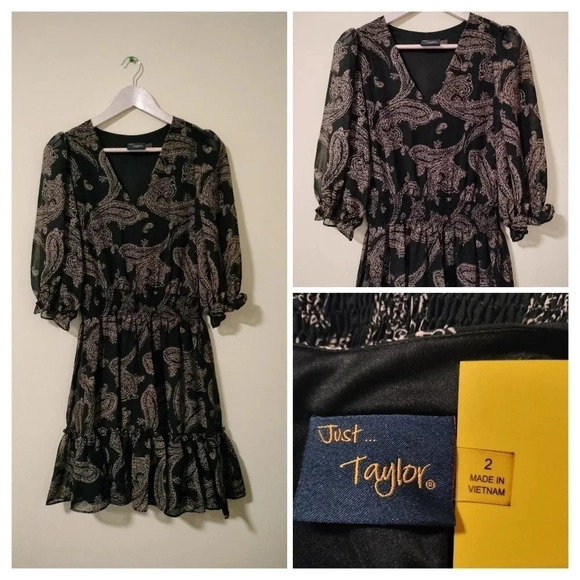 Taylor Womens Black Puff Sleeve Knee Blouson Fit & Flare Dress Sz 2 - Picture 1 of 10